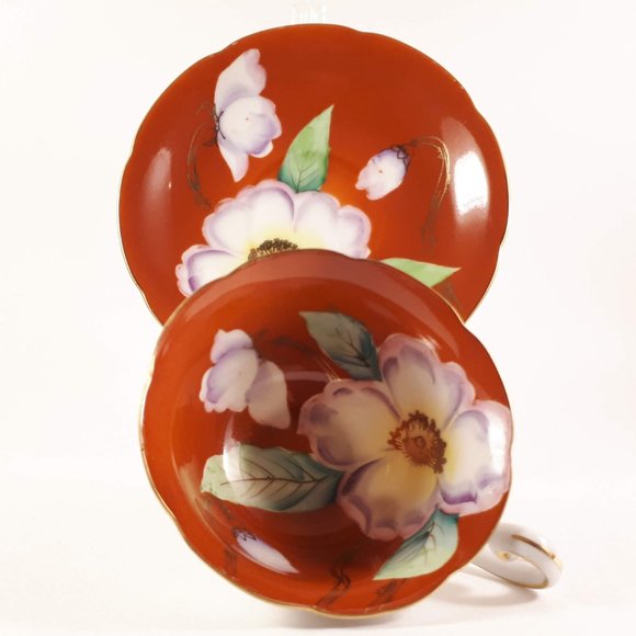 RARE !! Kyokuto Orange teacup and saucer with large flower Japan - Picture 2 of 11